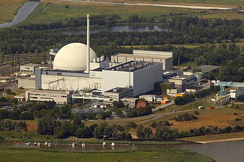 Aerial view, Unterweser Nuclear Power Plant, also known as KKW Kleinensiel and KKW Esenshamm, Lower Saxony, Germany, Europe