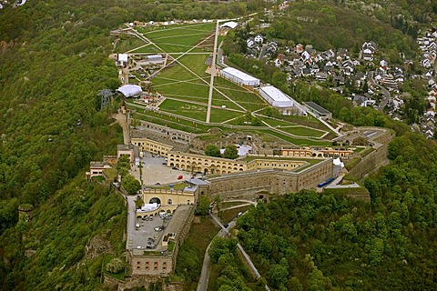 Aerial view, Festung Ehrenbreitstein fortress, Bundesgartenschau 2011, Federal Garden Show 2011, "Koblenz verwandelt", German for "Koblenz transforms", April to October 2011, Koblenz, Rhineland-Palatine, Germany, Europe