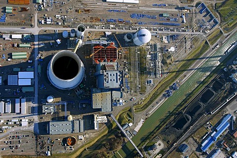 Aerial view, Kohlekraftwerk EON Datteln 4 coal power plant, on the Dortmund-Ems Canal, building freeze, Castrop-Rauxel, Ruhrgebiet region, North Rhine-Westphalia, Germany, Europe