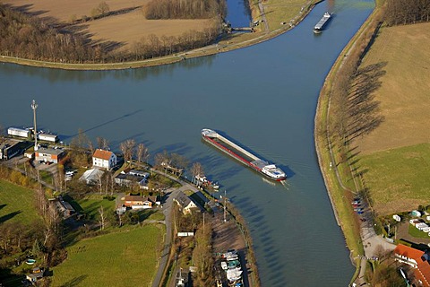 Aerial view, canal junction, inland waterway transportation, Dortmund-Ems Canal near the Dattelner Meer, Datteln, Ruhrgebiet region, North Rhine-Westphalia, Germany, Europe