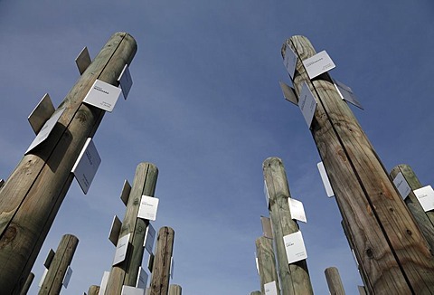 Posts with name tags of Jewish prisoners, memorial at Hessental Concentration Camp, Schwaebisch Hall, Baden-Wuerttemberg, Germany, Europe