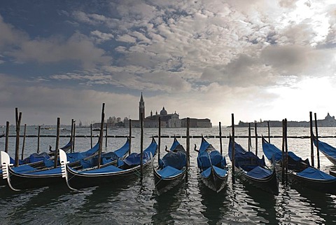 Gondolas along the Riva degli Schiavoni waterfront, Venice, Veneto, Italy, Southern Europe