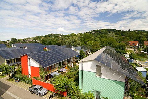 Passive solar houses with solar collectors on the roofs, by architect Rolf Disch, Vauban district, Freiburg im Breisgau, Baden-Wuerttemberg, Germany, Europe