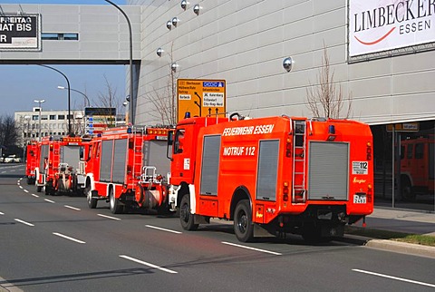 Fire truck at the shopping center on Limbecker Platz, Essen, Ruhrgebiet Area, North Rhine-Westphalia, Germany, Europe