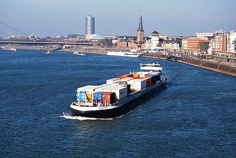 Cargo shop on the Rhine river near the bank, Burgplatz with Schlossturm tower and Lambertuskirche church, old town, Duesseldorf, North Rhine-Westphalia, Germany, Europe