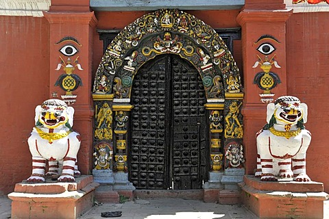 Lion statues at the entrance of the Shiva-Parvati Temple, Durbar Square, Kathmandu, Nepal, Asia