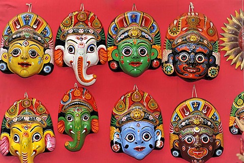 Masks, souvenirs, tourist market of Bhaktapur, Kathmandu Valley, Nepal, Asia