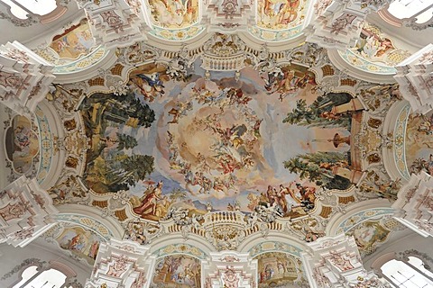 Interior, ceiling fresco, Wallfahrtskirche St. Peter und Paul pilgrimage church, built by the brothers Zimmermann 1728 - 1731, Steinhausen, Baden-Wuerttemberg, Germany, Europe