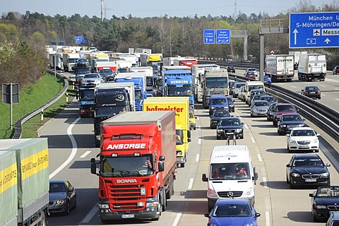 Traffic jam after a truck accident on the A8 Autobahn, motorway, near Leonberg, near the Stuttgart interchange, Stuttgart, Baden-Wuerttemberg, Germany, Europe