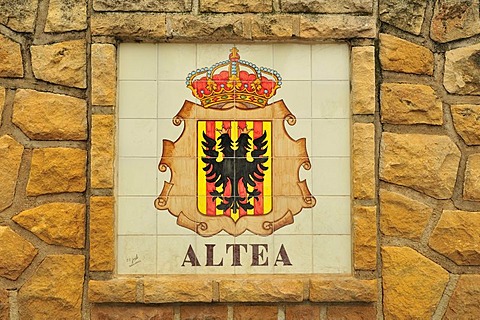 Fountain with coat of arms of the surrounding towns, here Altea, mountain village of Polop de la Marina, Costa Blanca, Spain, Europe