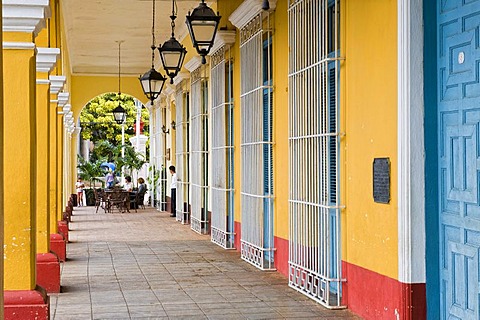 Colonial houses, columns, Remedios, Santa Clara Province, Cuba, Central America