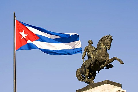 Equestrian statue of Antonio Maceo and Cuban flag, Havana, Cuba