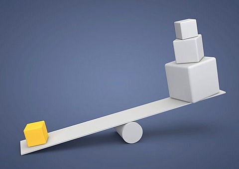 Seesaw out of balance, small cube weighing more than many large cubes, symbolic image for imbalance or dominance, 3D illustration