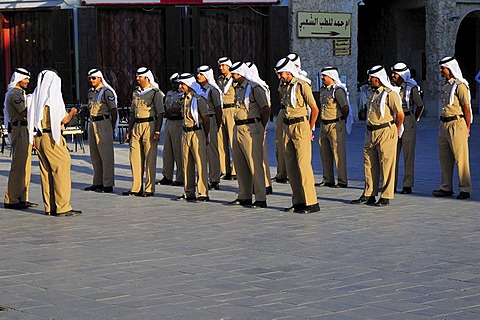 Police officers rehearsing for a parade, Souk Waqif, Doha, Qatar, Middle East