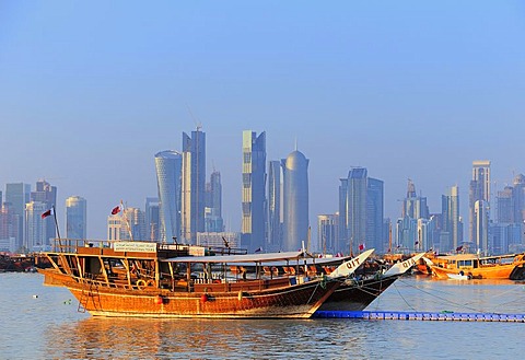 Dhows in front of the skyline of the West Bay area, business district, Doha, Qatar, Middle East