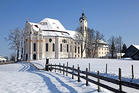 Wieskirche church, pilgrimage church of the Scourged Saviour, snow, Wies, Steingaden district, Bavaria, Germany, Europe