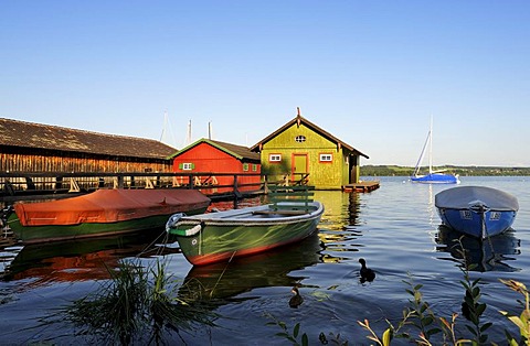 Boat houses near Schondorf, Lake Ammersee, Fuenfseenland area, Upper Bavaria, Bavaria, Germany, Europe