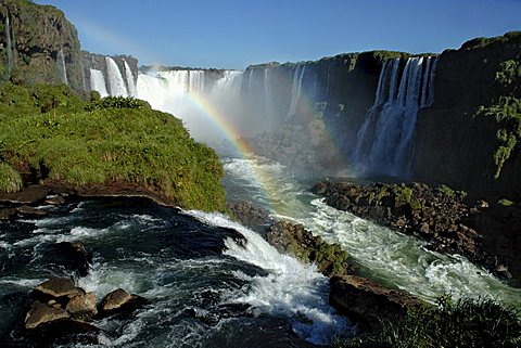 The Iguazu Falls at the border between Argentine and Brazil, Cascades in the devils throat and rainbow