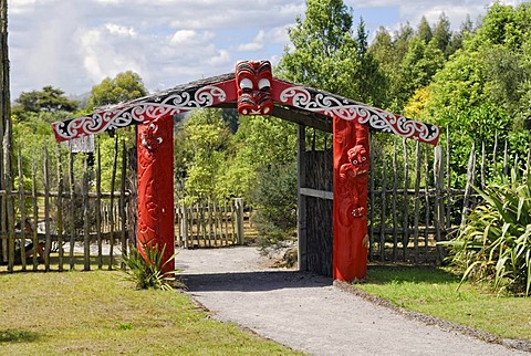 Replica of a Maori settlement, partial view, Wairakei Terraces, Wairakei, North Island, New Zealand