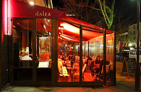 Night shot, bar, cafe and restaurant Dalea, Gaite theater district, Paris, France, Europe