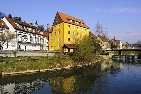 Steinerner Beutel fortified tower, Wehrl mill on the Wiesent River, Waischenfeld, Upper Franconia, Franconia, Bavaria, Germany, Europe