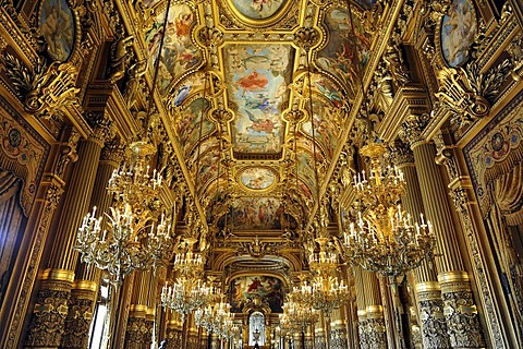 Interior, Grand Foyer with ceiling painting by Paul Baudry with motifs from musical history, Opera Palais Garnier opera, Paris, France, Europe