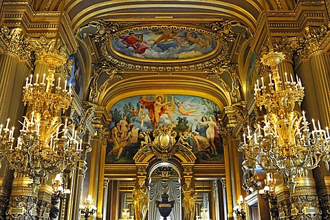 Interior, Grand Foyer with ceiling painting by Paul Baudry with motifs from musical history, Opera Palais Garnier opera, Paris, France, Europe