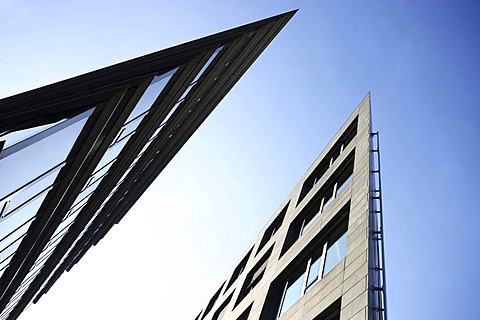 Colonius-Carre office buildings, against blue sky with contrails, Ehrenfeld district, Cologne, North Rhine-Westphalia, Germany, Europe