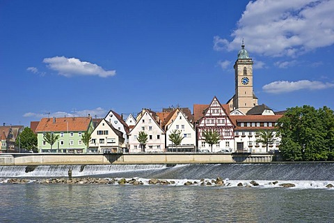 Cityscape with the Neckar River and the Town Church of Saint Lawrence, Nuertingen, Swabian Alb, Baden-Wuerttemberg, Germany, Europe