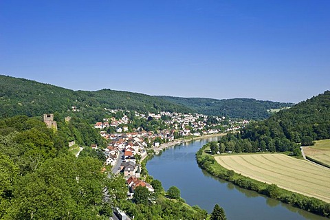 View from Hinterburg Castle, Neckarsteinach, Neckar Valley-Odenwald nature park, Hesse, Germany, Europe