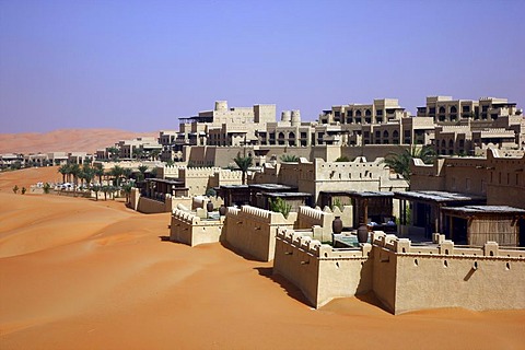 Anantara Qasr Al Sarab luxury desert hotel, built in the style of a kasbah, hotel resort, amidst huge sand dunes, near Liwa Oasis in the Empty Quarter Rub Al Khali sand desert, Abu Dhabi, United Arab Emirates, Middle East