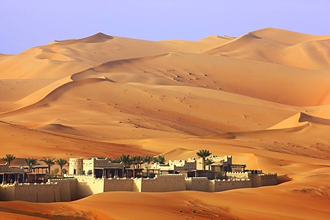 Anantara Qasr Al Sarab luxury desert hotel, built in the style of a kasbah, hotel resort, amidst huge sand dunes, near Liwa Oasis in the Empty Quarter Rub Al Khali sand desert, Abu Dhabi, United Arab Emirates, Middle East