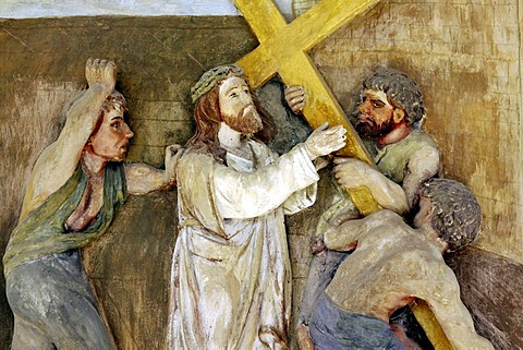 Fresco of the Stations of the Cross, portico of the pilgrimage church ofSacro Monte della Santissima Trinita di Ghiffa in Ghiffa on Lake Maggiore, Piedmont, Italy, Europe