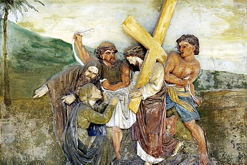 Fresco of the Stations of the Cross, portico of the pilgrimage church ofSacro Monte della Santissima Trinita di Ghiffa in Ghiffa on Lake Maggiore, Piedmont, Italy, Europe