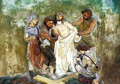 Fresco of the Stations of the Cross, portico of the pilgrimage church ofSacro Monte della Santissima Trinita di Ghiffa in Ghiffa on Lake Maggiore, Piedmont, Italy, Europe