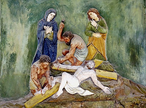 Fresco of the Stations of the Cross, portico of the pilgrimage church ofSacro Monte della Santissima Trinita di Ghiffa in Ghiffa on Lake Maggiore, Piedmont, Italy, Europe