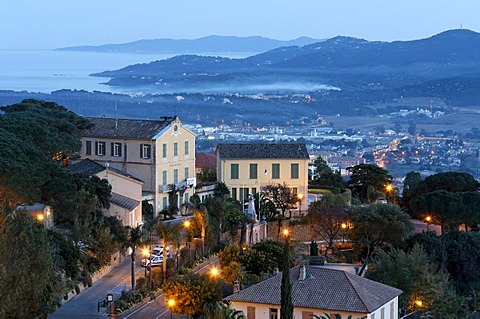 View across Bormes-les-Mimosas towards the iles d'Hyeres islands, Provence-Alpes-Cote d'Azur region, France, Europe