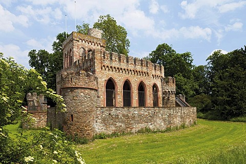 Mosburg artificial ruin, castle gardens, Schloss Biebrich castle, Biebrich, Wiesbaden, Hesse, Germany, Europe