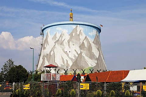 Cooling tower, former fast breeder reactor, Kern-Wasser Wunderland amusement park, Kalkar, Niederrhein, North Rhine-Westphalia, Germany, Europe