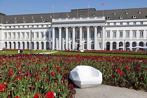 Artistically designed seat in front of tulip flowerbed and the Electoral Palace, Bundesgartenschau, BUGA 2011, federal garden show, Koblenz, Rhineland-Palatinate, Germany, Europe