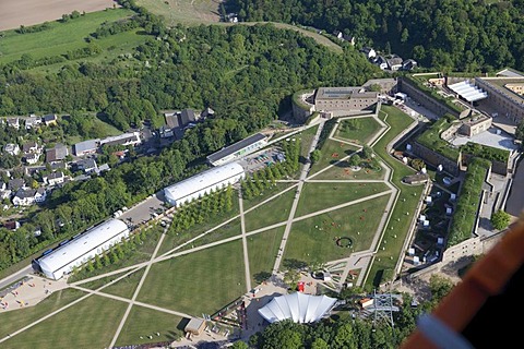 Aerial view, Bundesgartenschau, Federal Garden Show, BUGA 2011, flower halls and themed gardens, Ehrenbreitstein Fortress, Koblenz, Rhineland-Palatinate, Germany, Europe