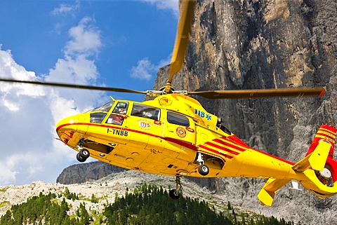 Helicopter operation, mountain rescue in the Dolomites, South Tyrol, Italy, Europe