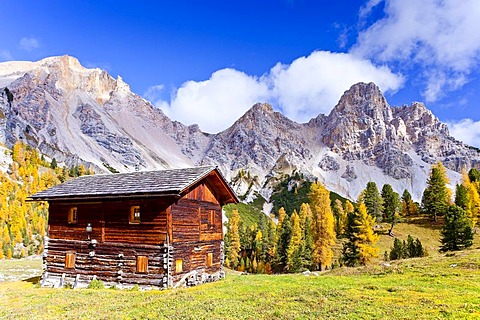 Hochpustertal Valley near Pederue in front of Eisengabel and Col Bechei Mountains, Fanes-Sennes-Prags Nature Park, Dolomites, Alto Adige, Italy, Europe