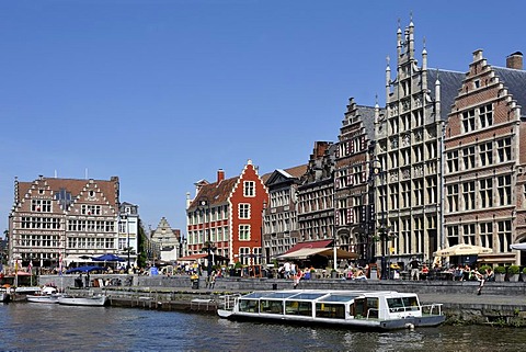 The Korenlei with the Lys river in the foreground, Ghent, Flanders, Belgium, Europe