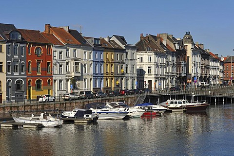 Porta Ganda, the marina and colorful facades at the Lys river in the center of Ghent, Flanders, Belgium, Europe