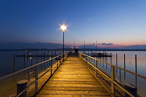 The jetty from Iznang in the first morning light, Iznang, Lake Constance, Konstanz district, Baden-Wuerttemberg, Germany, Europe