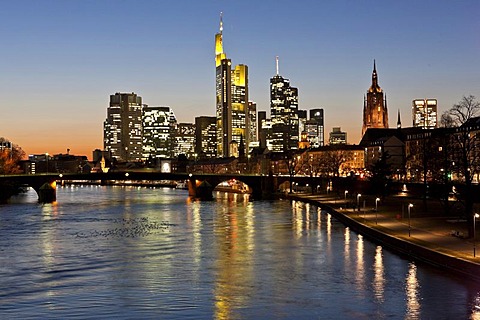 View of the skyline with Commerzbank, ECB, Hessische Landesbank, Frankfurt Cathedral, Opernturm skyscraper, Deutsche Bank, vorn the Alte Bruecke bridge, Frankfurt, Hesse, Germany, Europe