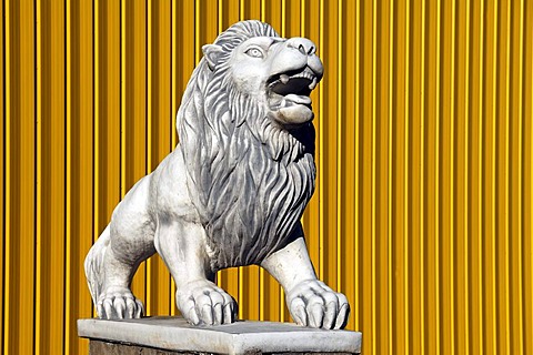 Large lion sculpture in front of yellow metal panels, Herbolzheim, Baden-Wuerttemberg, Germany, Europe