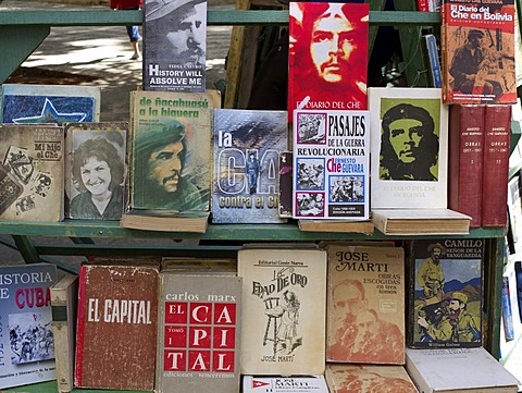 Political books on Che Guevara at a flea market in the old town of Havana, Cuba, Latin America