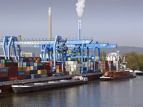 Loading bridges with containers and ships in the container terminal Mainz am Rhein, Mainz, Rhineland-Palatinate, Germany, Europe